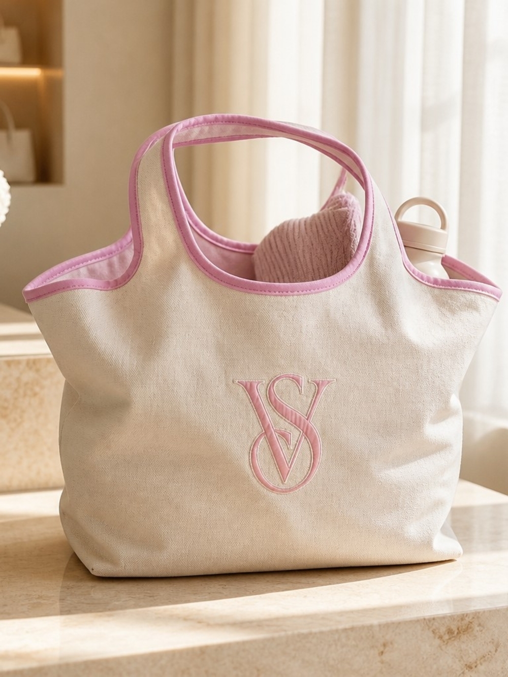 Victoria’s Secret Cream Canvas Pink Trim Tote Bag VS Monogram